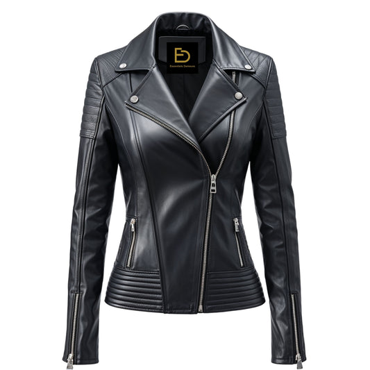 Womens Black Leather Biker Jacket: Quilted Panels, Silver Zippers, Lapel Collar