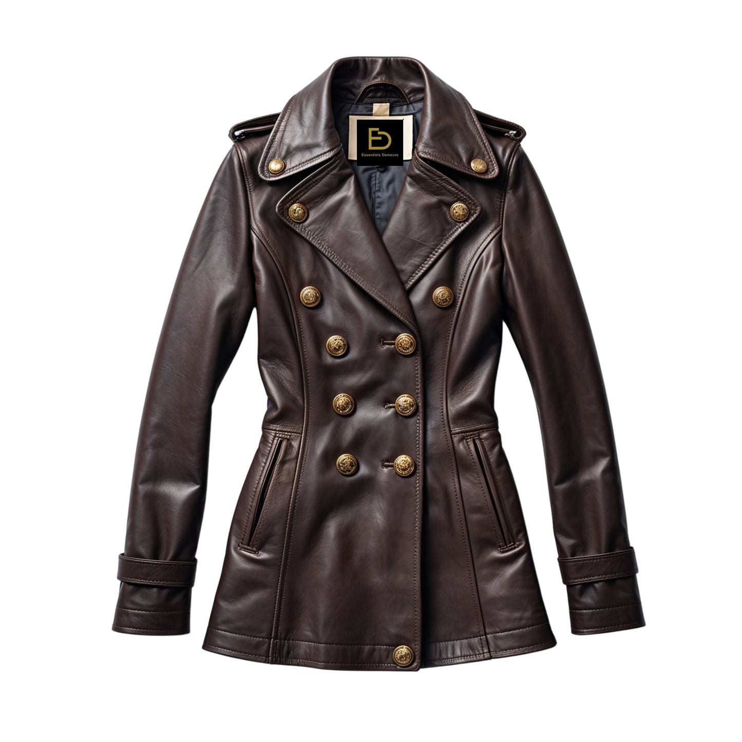 Women's Dark Brown Leather Double Breasted Military Peacoat Jacket Gold Buttons