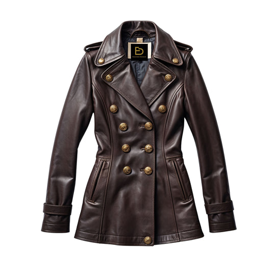 Women's Dark Brown Leather Double Breasted Military Peacoat Jacket Gold Buttons
