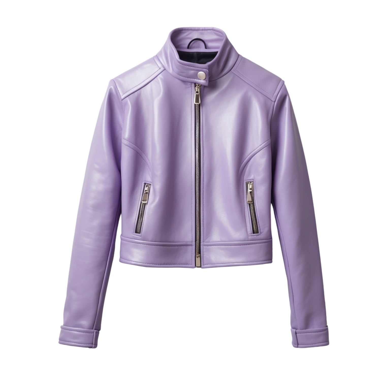 Real Leather Cropped Moto Jacket: Lavender Purple, Zip Pockets, Slim Fit Coat