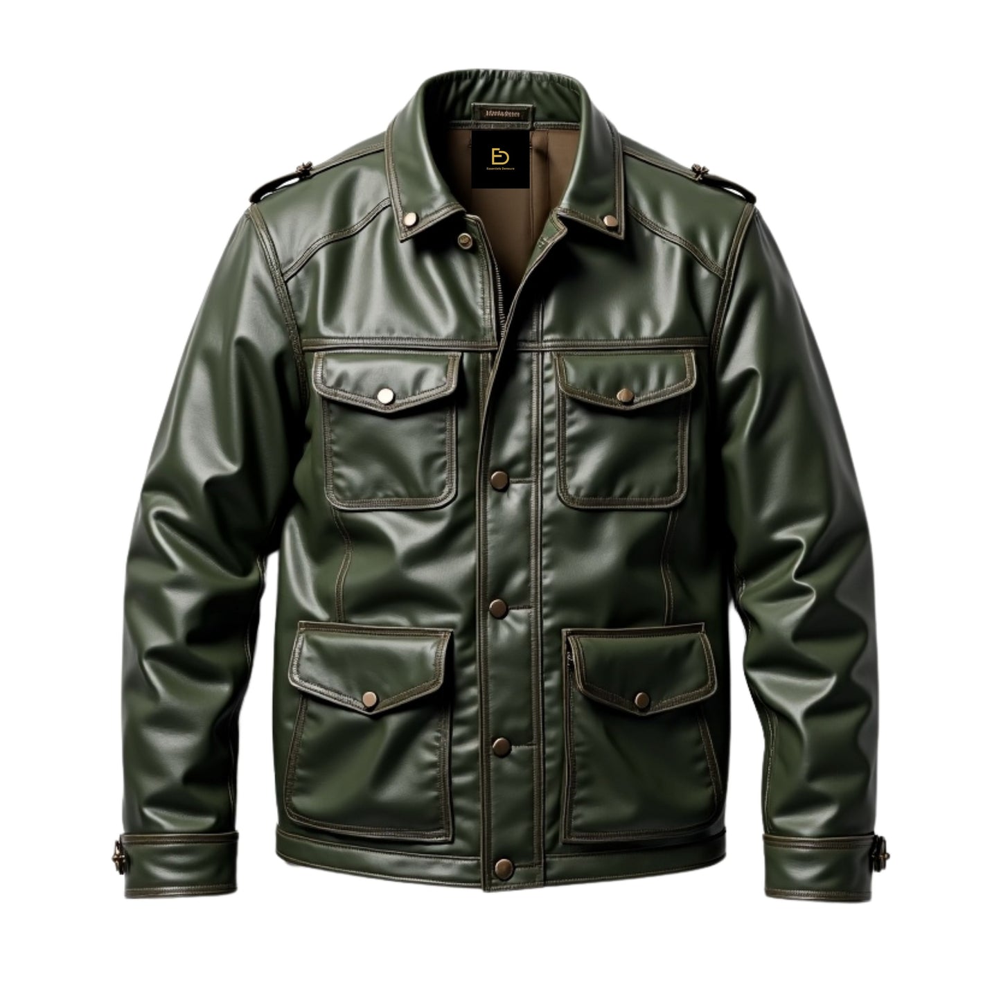 Men's Dark Green Real Leather Field Jacket with Multi Pockets & Epaulet Shoulders