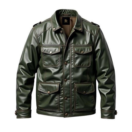 Men's Dark Green Real Leather Field Jacket with Multi Pockets & Epaulet Shoulders