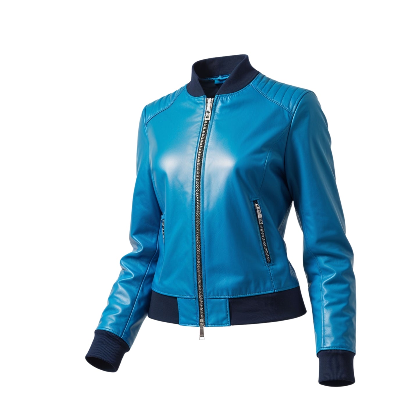 Women Sky Blue Real Leather Bomber Jacket Navy Ribbed Collar Casual Streetwear Outerwear Coat