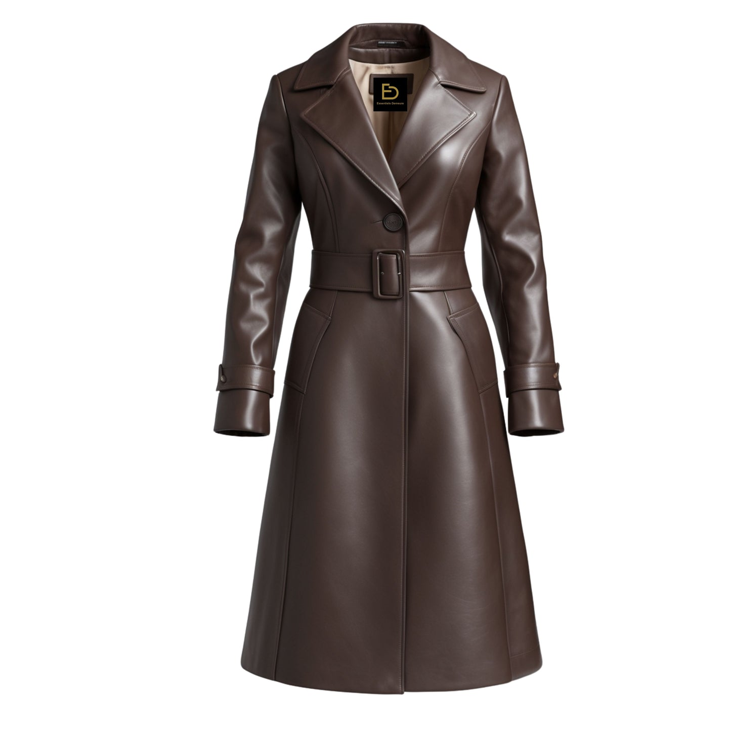 Brown Real Leather Trench Coat: Belted Lapel Buckle Waist Classic Winter Outerwear