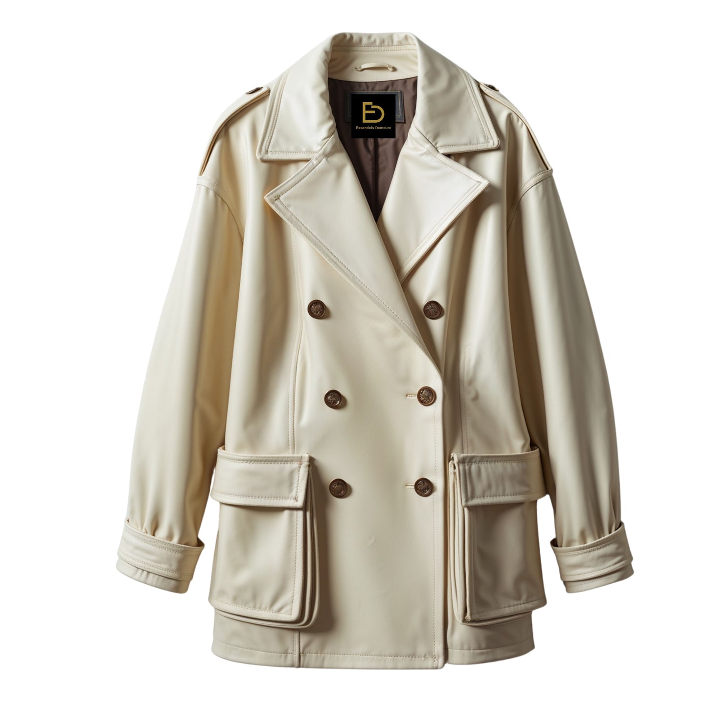 Cream Real Leather Double Breasted Trench Coat with Wide Lapel and Flap Pockets