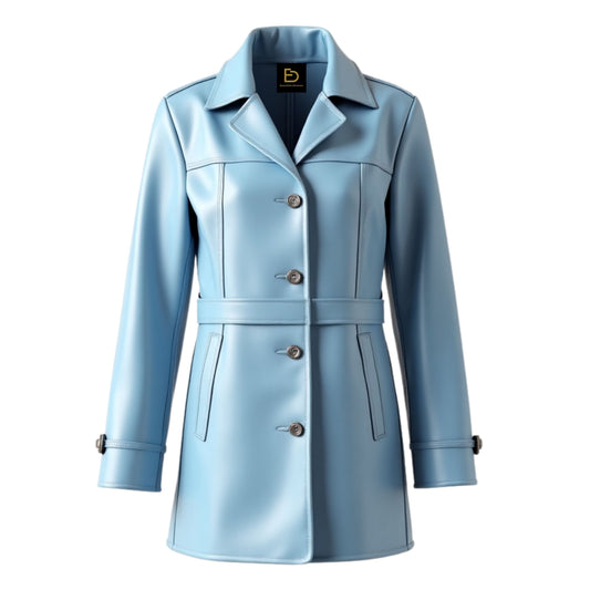 Light Blue Lambskin Leather Trench Coat: Double Breasted Belted Slim Fit