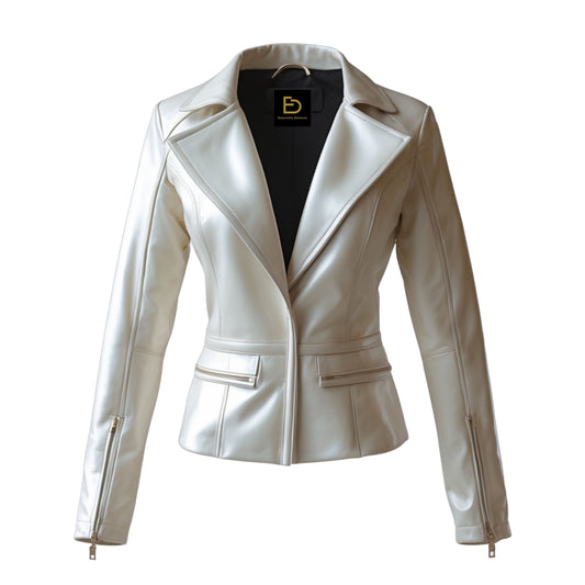 Women's Ivory Real Leather Blazer Jacket – Notch Lapel Zip Pockets Slim Fit Outerwear