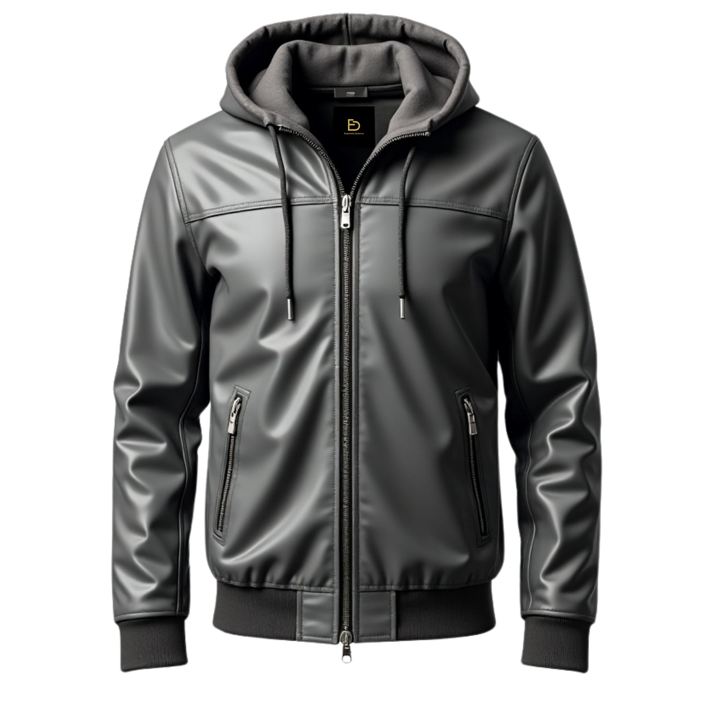 Men's Black Leather Bomber Jacket: Minimalist Design, Ribbed Cuffs, Zipper Pockets