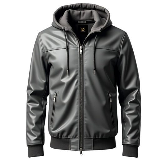 Men's Black Leather Bomber Jacket: Minimalist Design, Ribbed Cuffs, Zipper Pockets