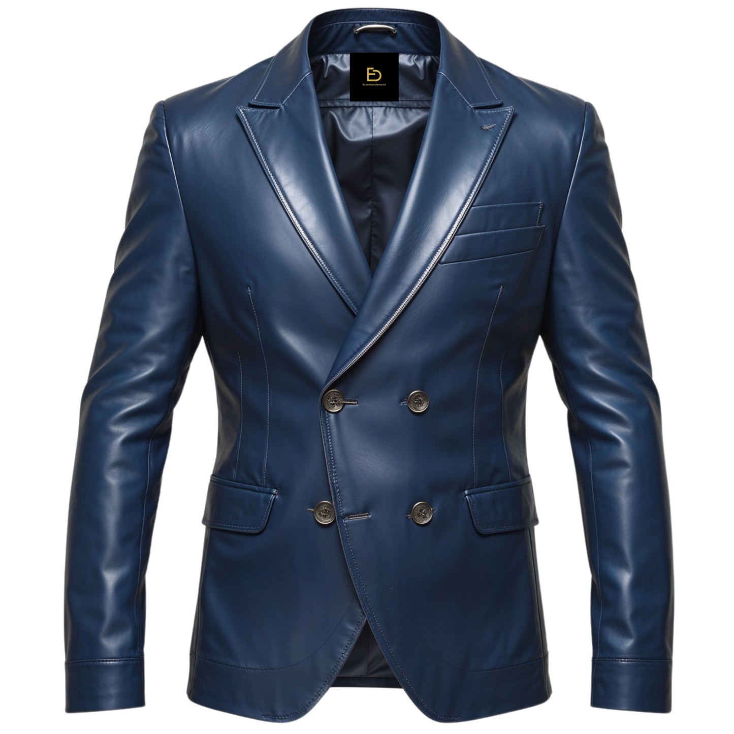 Men's Navy Blue Leather Double Breasted Blazer – Modern Tailored Fit Notch Lapel