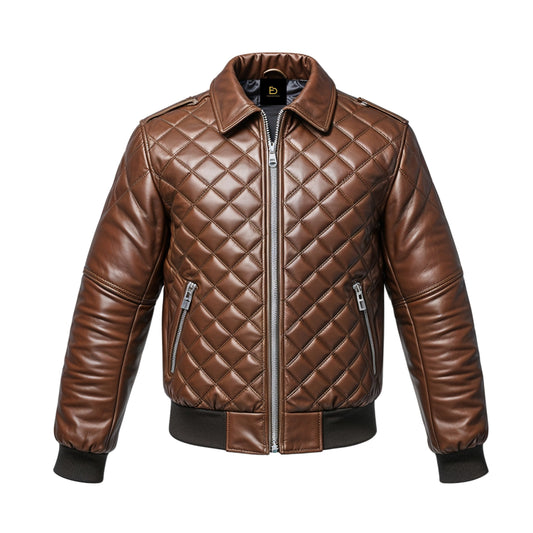 Men's Quilted Brown Leather Bomber Jacket – Ribbed Cuffs, Front Zip Casual Outerwear