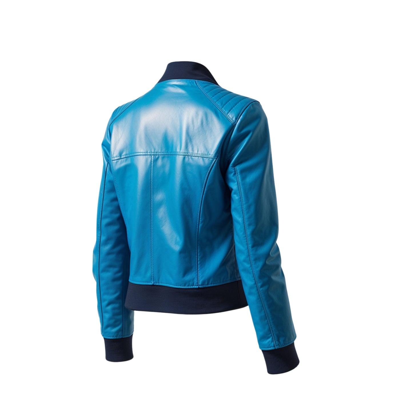 Women Sky Blue Real Leather Bomber Jacket Navy Ribbed Collar Casual Streetwear Outerwear Coat