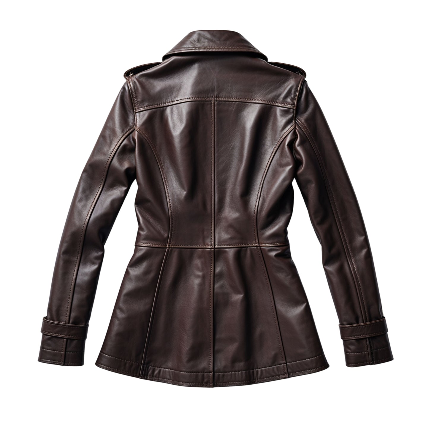 Women's Dark Brown Leather Double Breasted Military Peacoat Jacket Gold Buttons