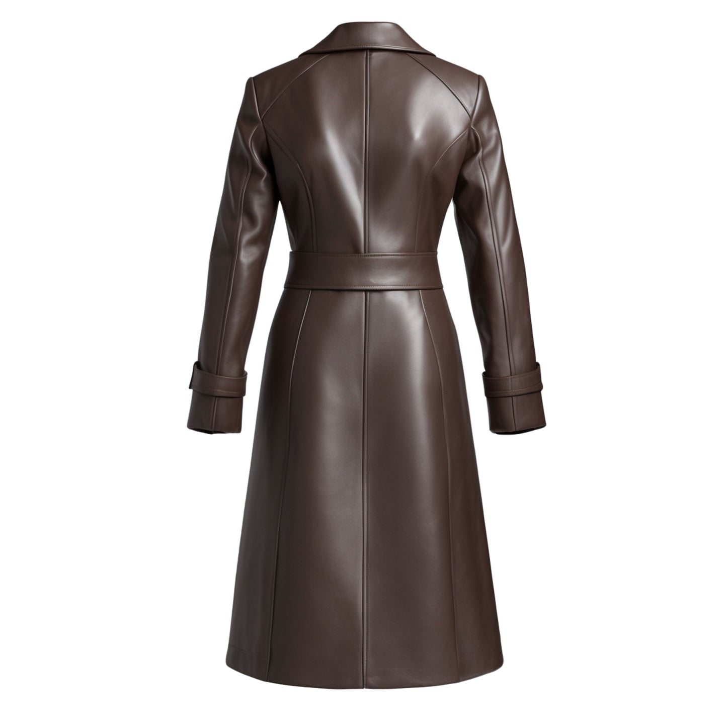 Brown Real Leather Trench Coat: Belted Lapel Buckle Waist Classic Winter Outerwear