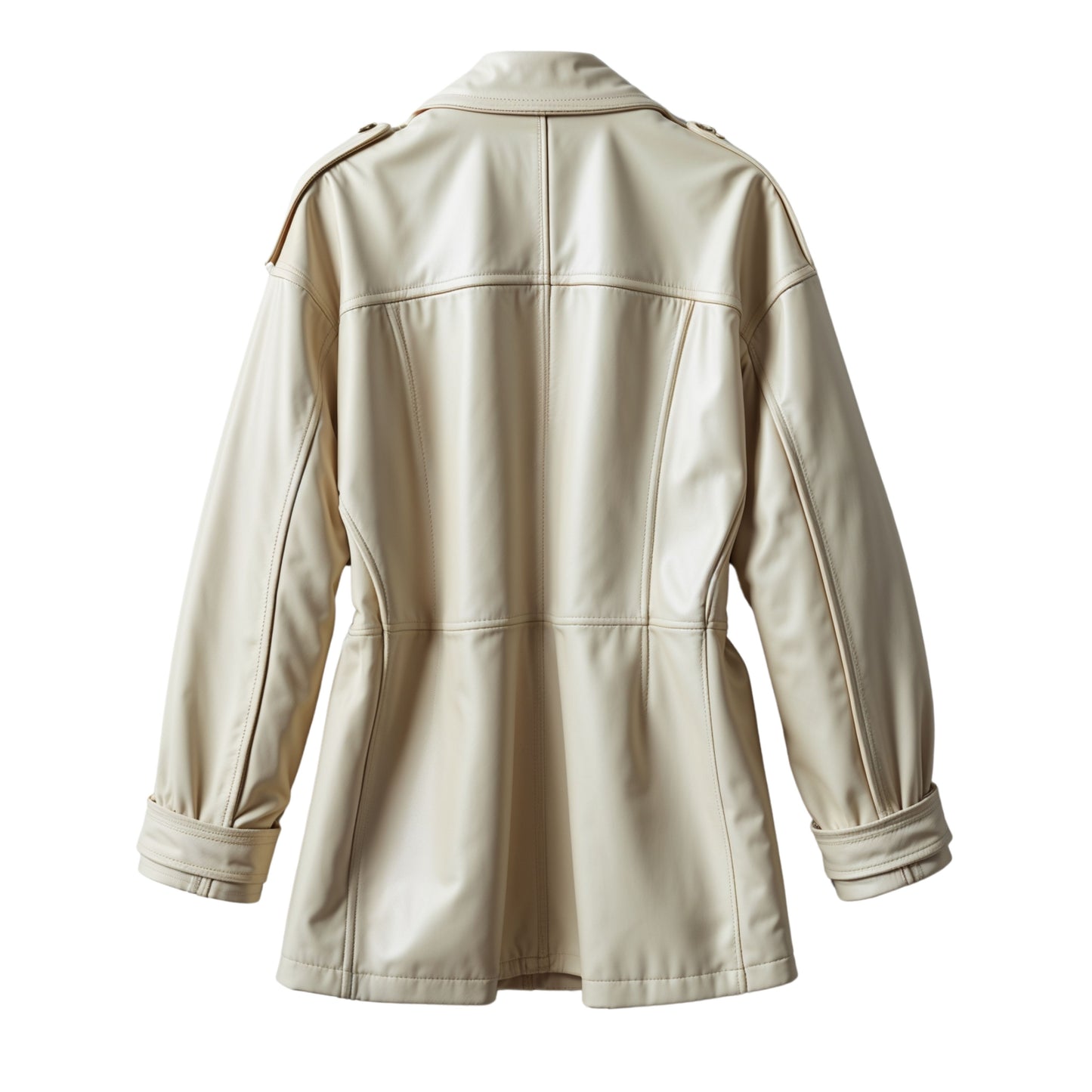 Cream Real Leather Double Breasted Trench Coat with Wide Lapel and Flap Pockets