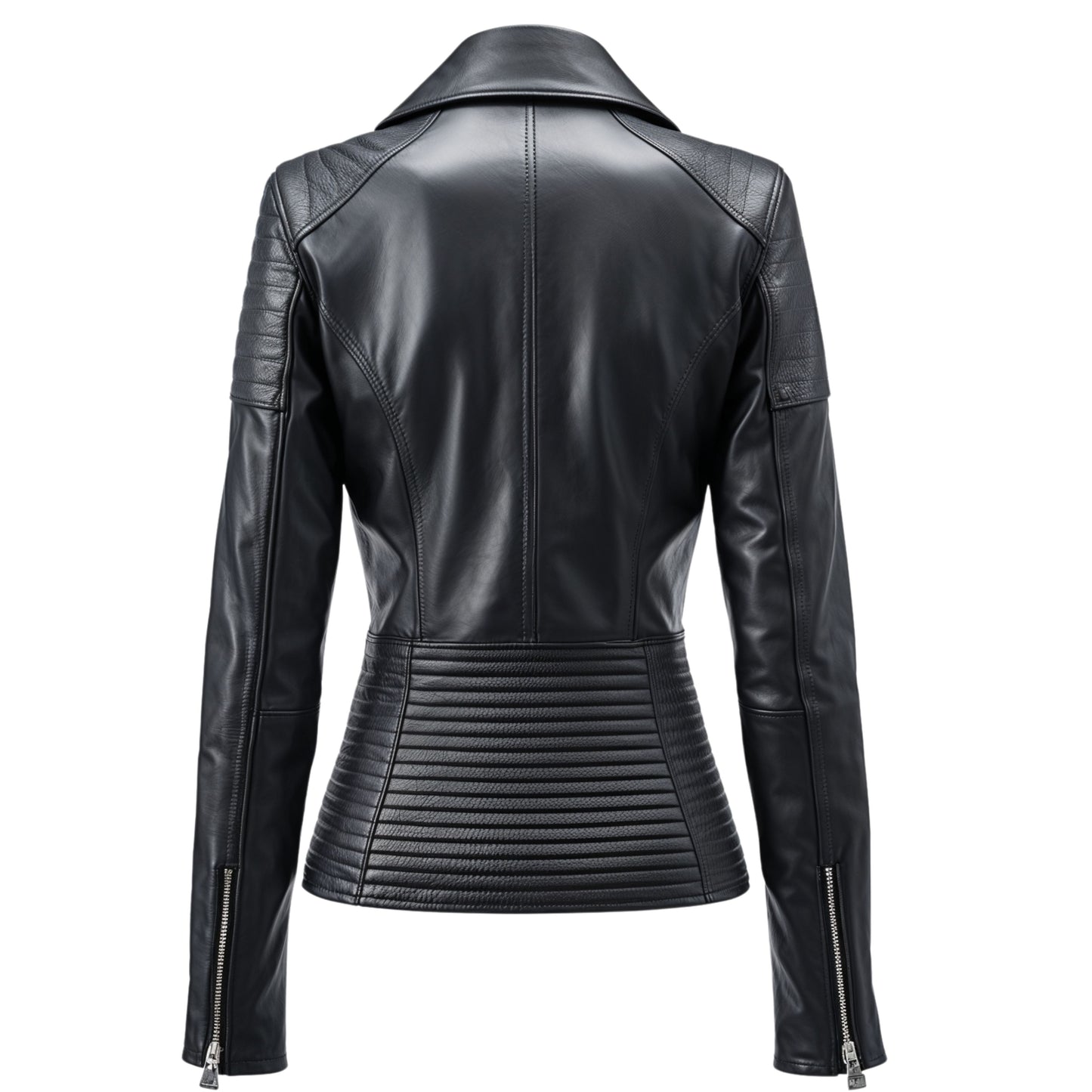 Womens Black Leather Biker Jacket: Quilted Panels, Silver Zippers, Lapel Collar
