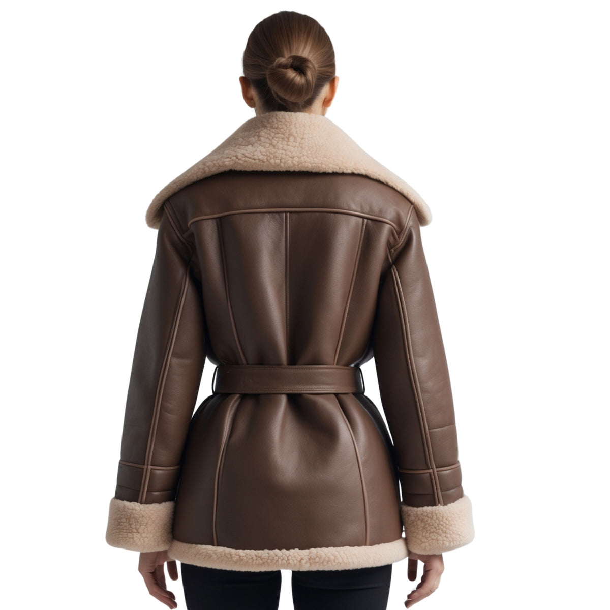 Dark Brown Leather Shearling Coat: Cream Sheepskin Collar, Belted Winter Jacket