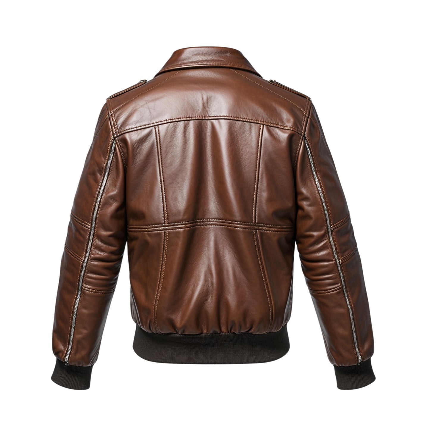 Men's Quilted Brown Leather Bomber Jacket – Ribbed Cuffs, Front Zip Casual Outerwear
