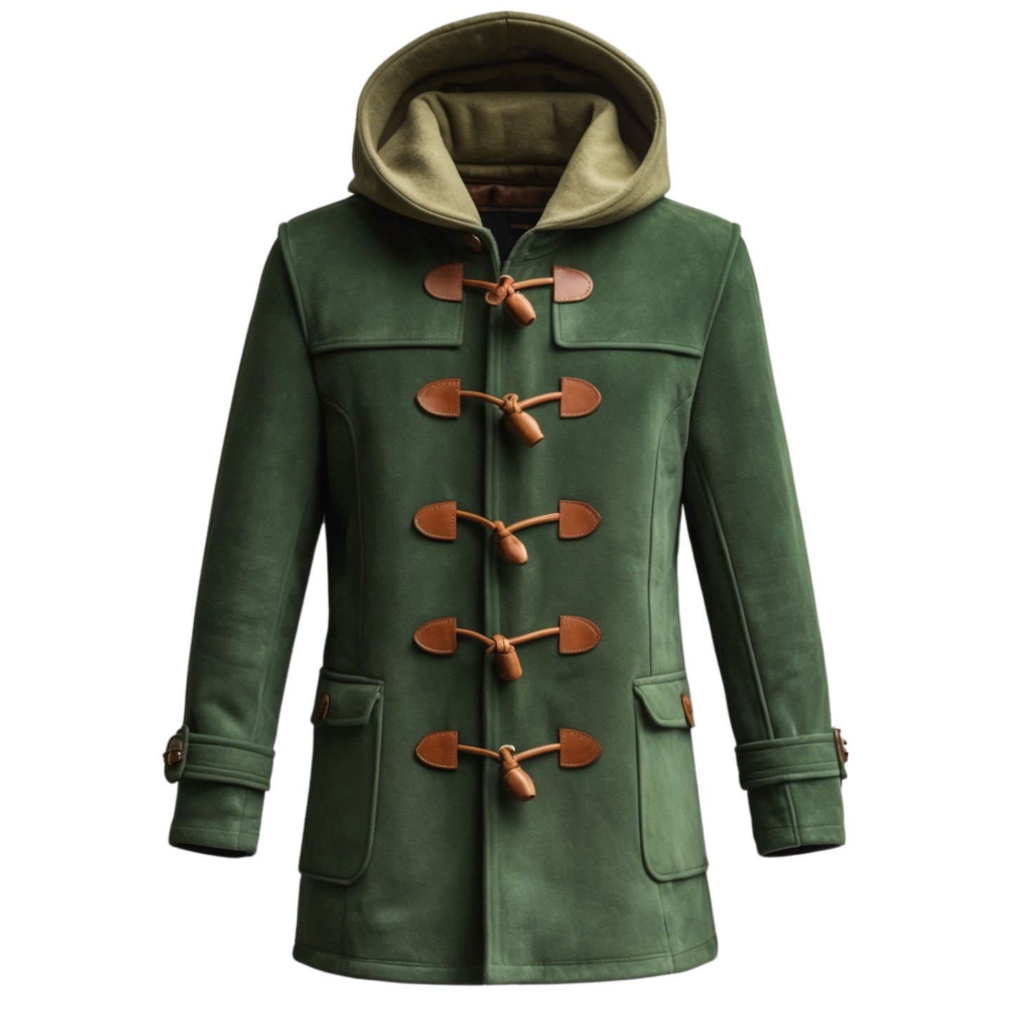 Green Wool-Look Duffle Coat with Suede Toggles and Hood – Warm Lined Outerwear