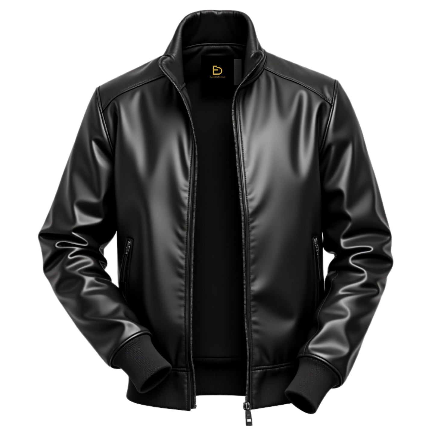 Men's Black Leather Bomber Jacket: Minimalist Design, Ribbed Cuffs, Zipper Pockets