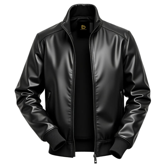 Men's Black Leather Bomber Jacket: Minimalist Design, Ribbed Cuffs, Zipper Pockets