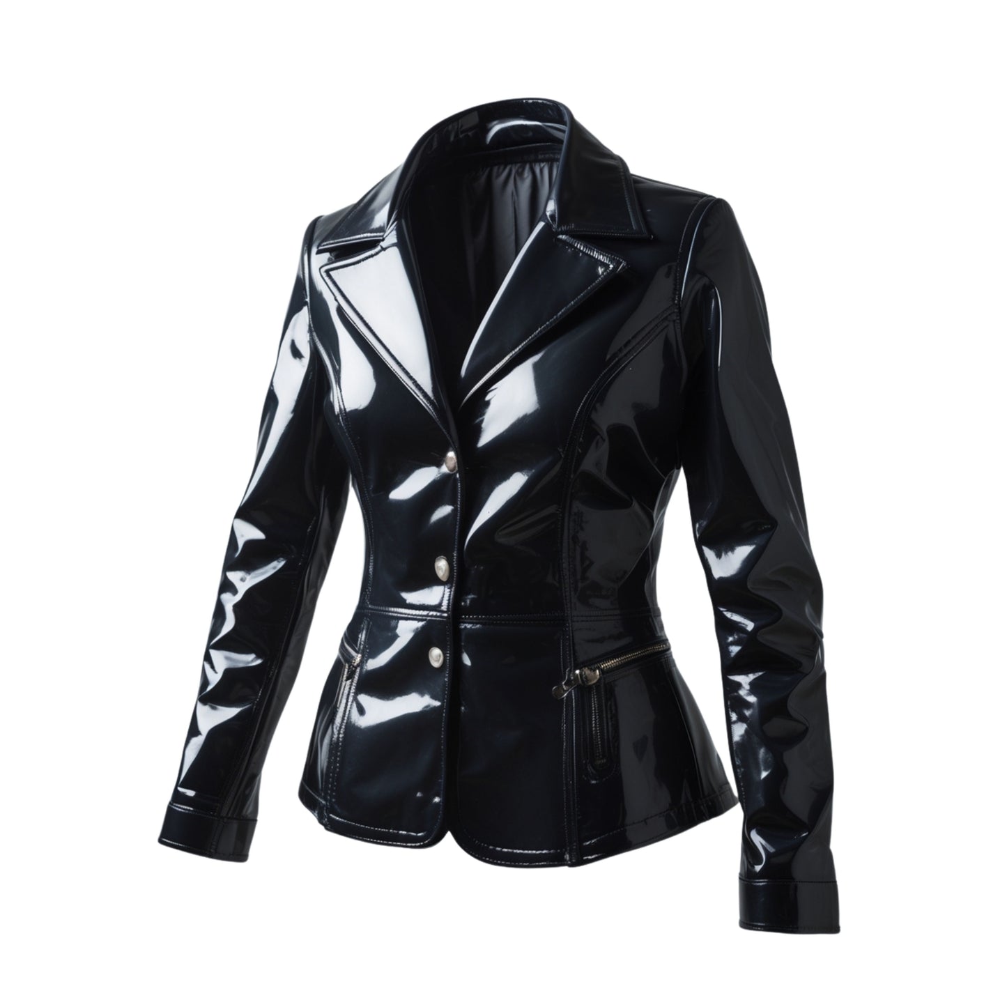 Womens Genuine Leather Patent Finish Blazer Jacket Black Glossy Tailored Statement Outerwear with Pockets