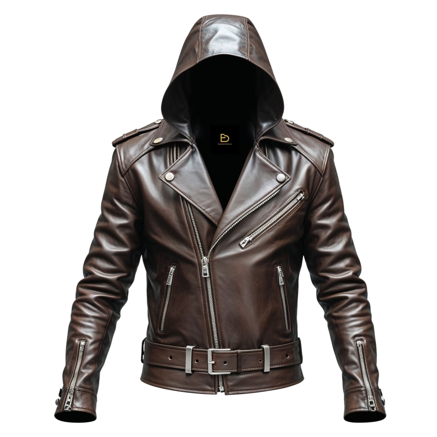 Men's Brown Real Leather Biker Jacket with Removable Hood, Belted Waist Motorcycle Rider Style