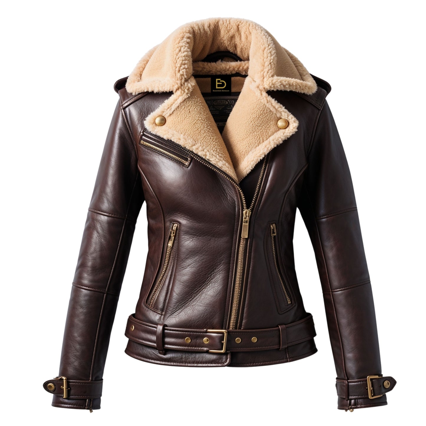 Dark Brown Leather Shearling Moto Jacket with Cream Fur Collar