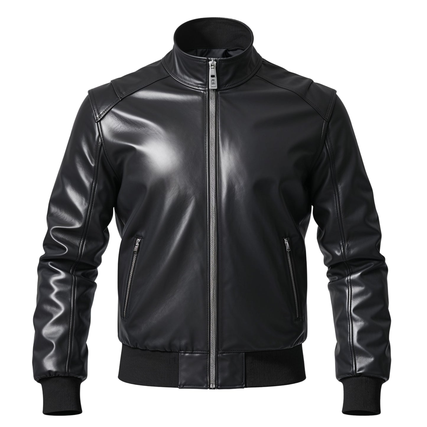 Men's Black Real Leather Bomber Jacket: Modern Fit, Zip Closure, Ribbed Cuffs