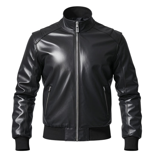Men's Black Real Leather Bomber Jacket: Modern Fit, Zip Closure, Ribbed Cuffs