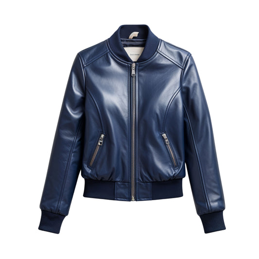 Women's Navy Blue Leather Bomber Jacket – Ribbed Collar, Zip Front, Slim Fit