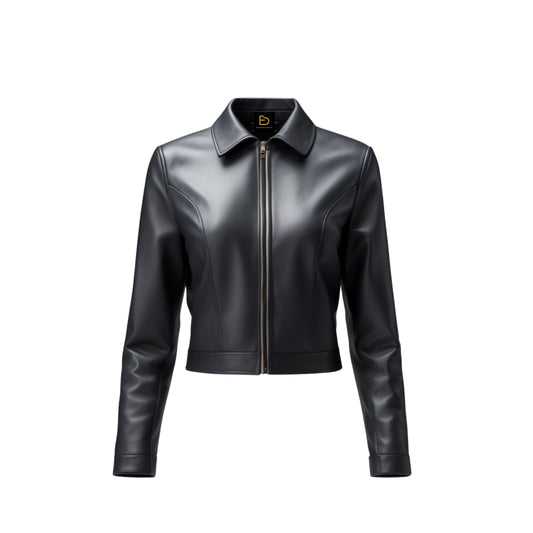 Women Real Leather Cropped Jacket Black Shirt Collar Center Zip Minimalist Sleek Everyday Outerwear