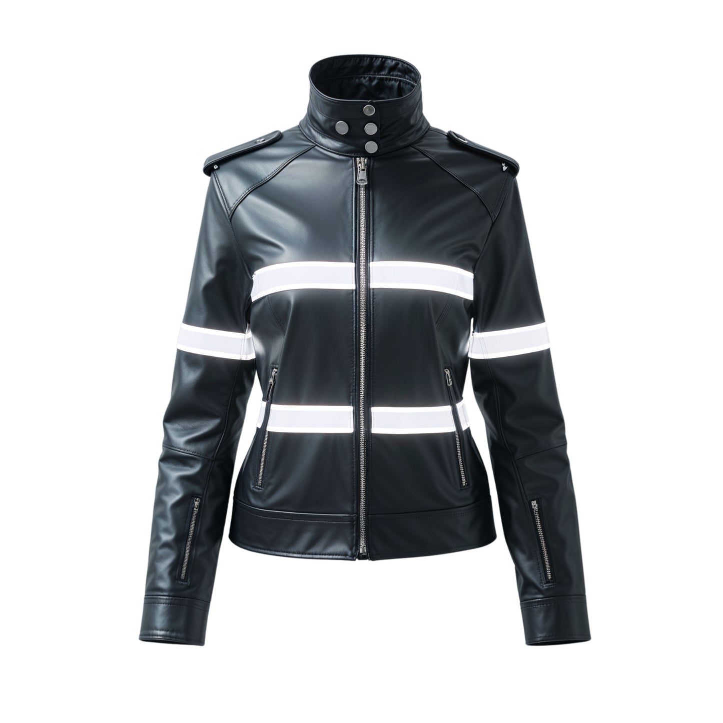 Black Leather Racer Jacket with White Stripe Detail – Moto Biker Style Coat