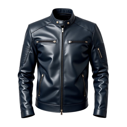 Men's Navy Blue Leather Biker Jacket with Quilted Shoulders – Street Style Motorcycle Coat