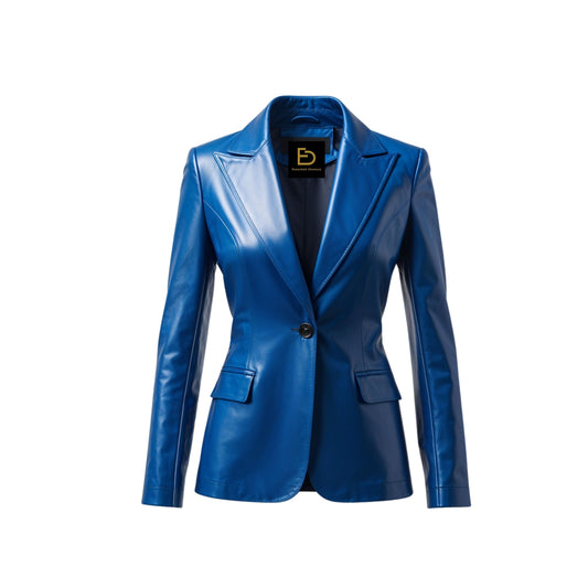 Royal Blue Real Leather Blazer Jacket: Notched Lapel, Slim Fit Office Style