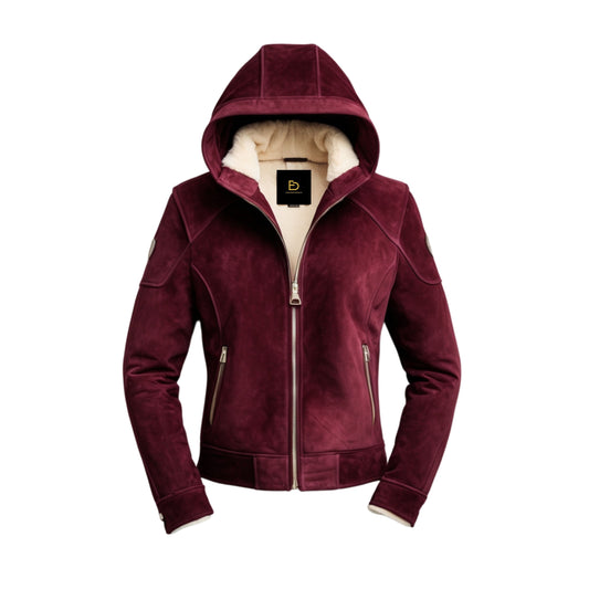 Burgundy Real Leather Hooded Jacket with Fur Interior – Stylish Winter Outerwear