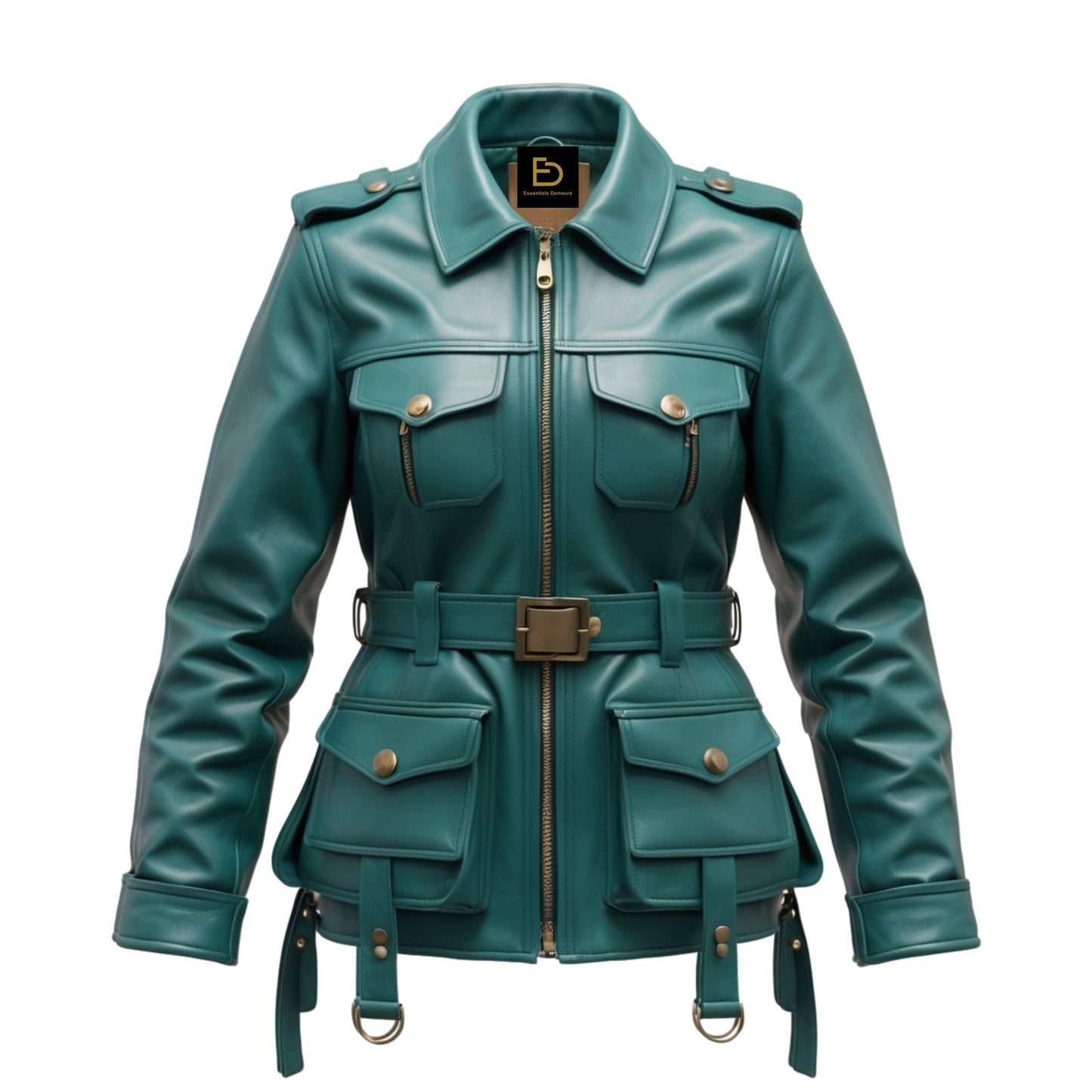 Womens Teal Leather Utility Jacket with Belted Waist and Cargo Pockets