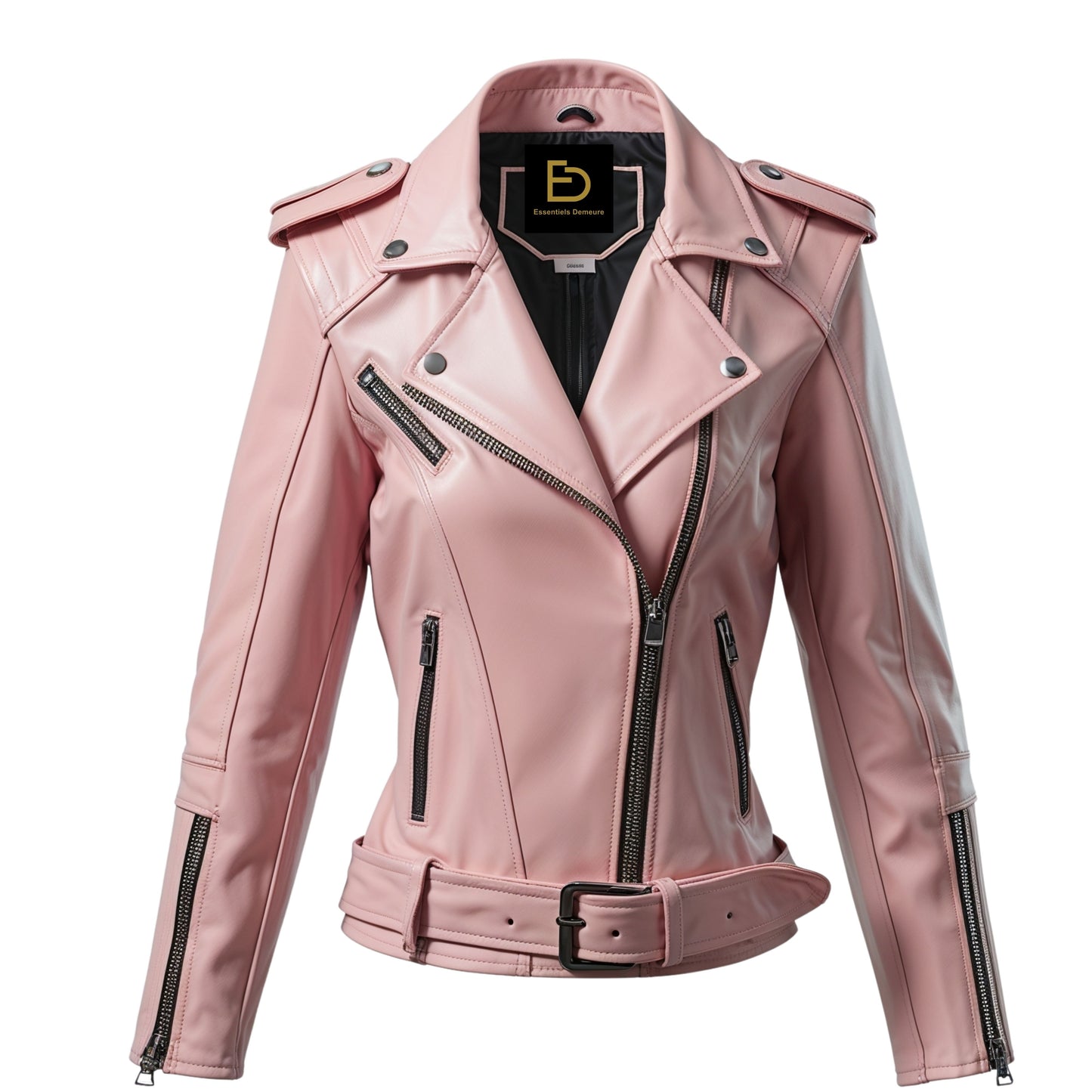 Women's Dusty Pink Leather Cropped Moto Jacket with Belt and Wide Lapel