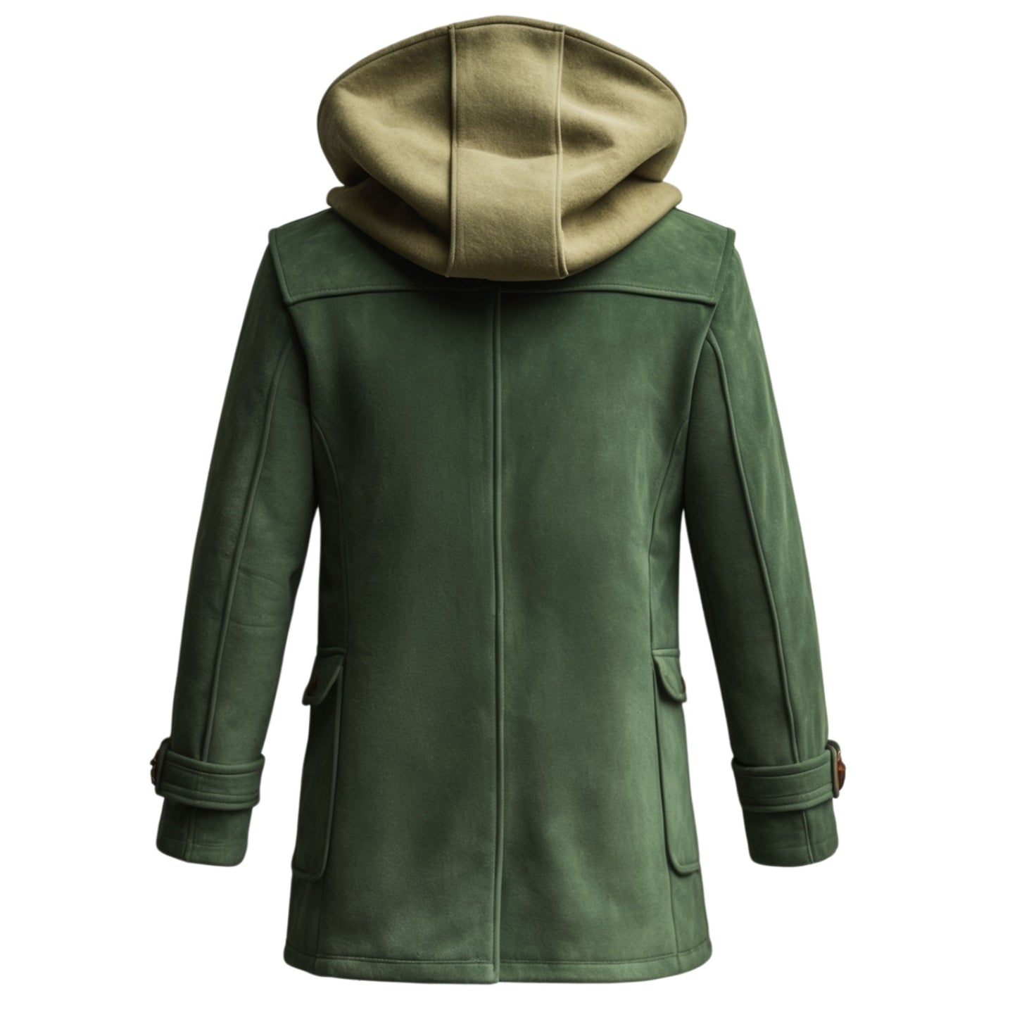 Green Wool-Look Duffle Coat with Suede Toggles and Hood – Warm Lined Outerwear