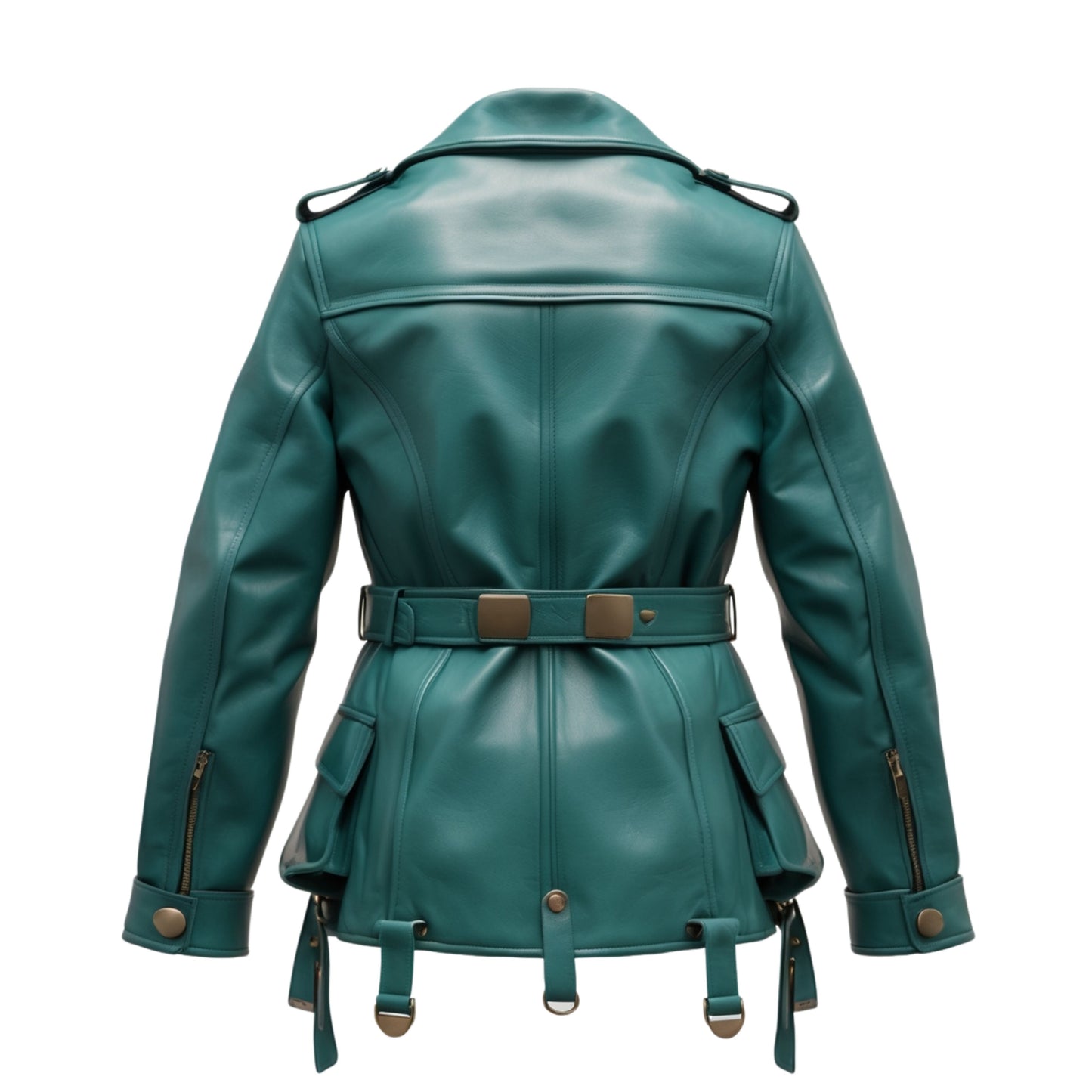 Womens Teal Leather Utility Jacket with Belted Waist and Cargo Pockets
