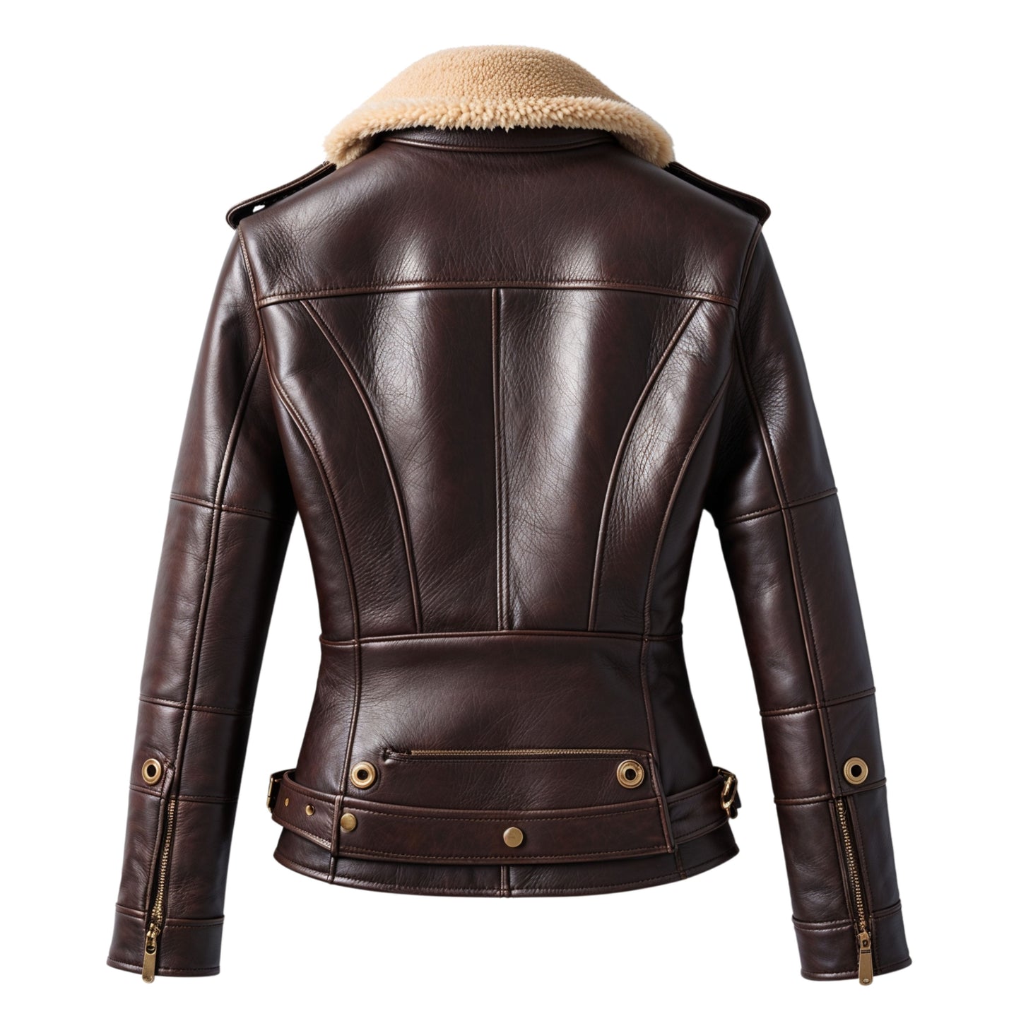 Dark Brown Leather Shearling Moto Jacket with Cream Fur Collar
