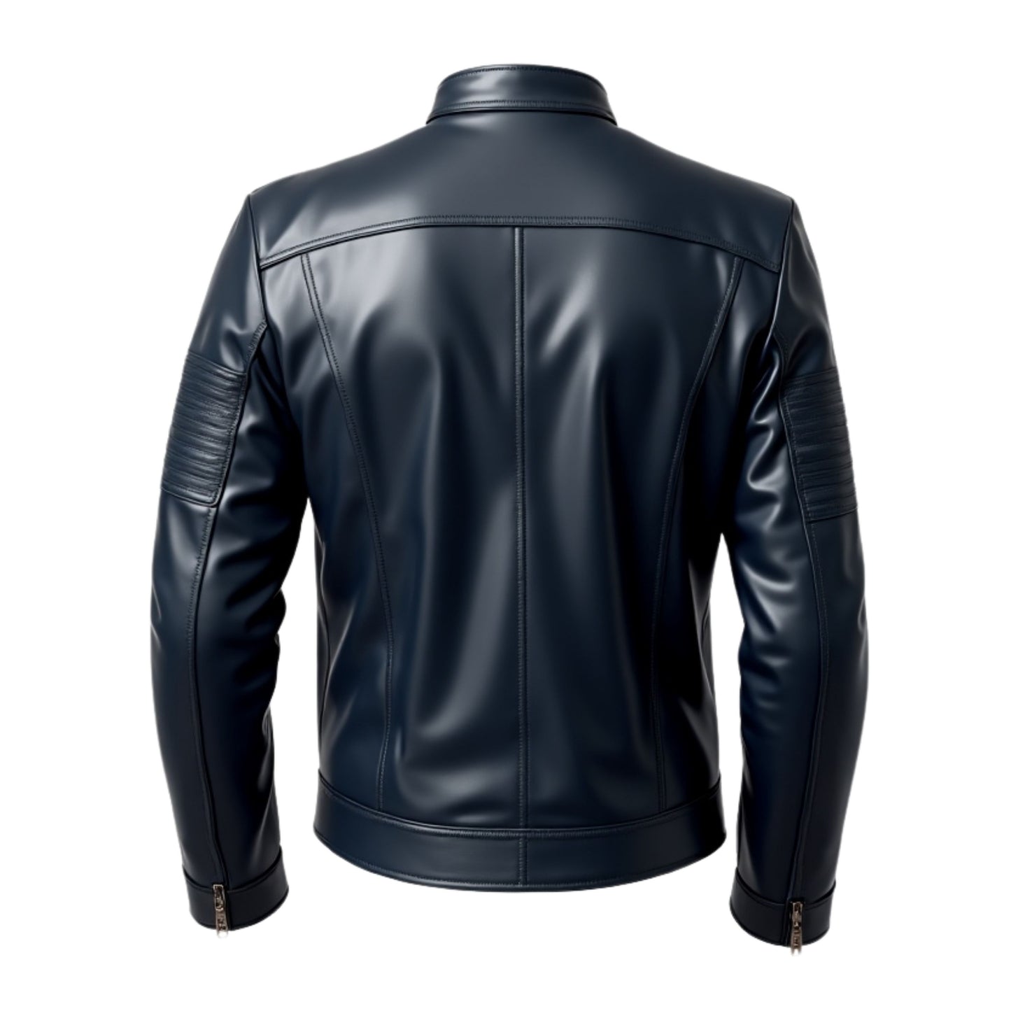 Men's Navy Blue Leather Biker Jacket with Quilted Shoulders – Street Style Motorcycle Coat