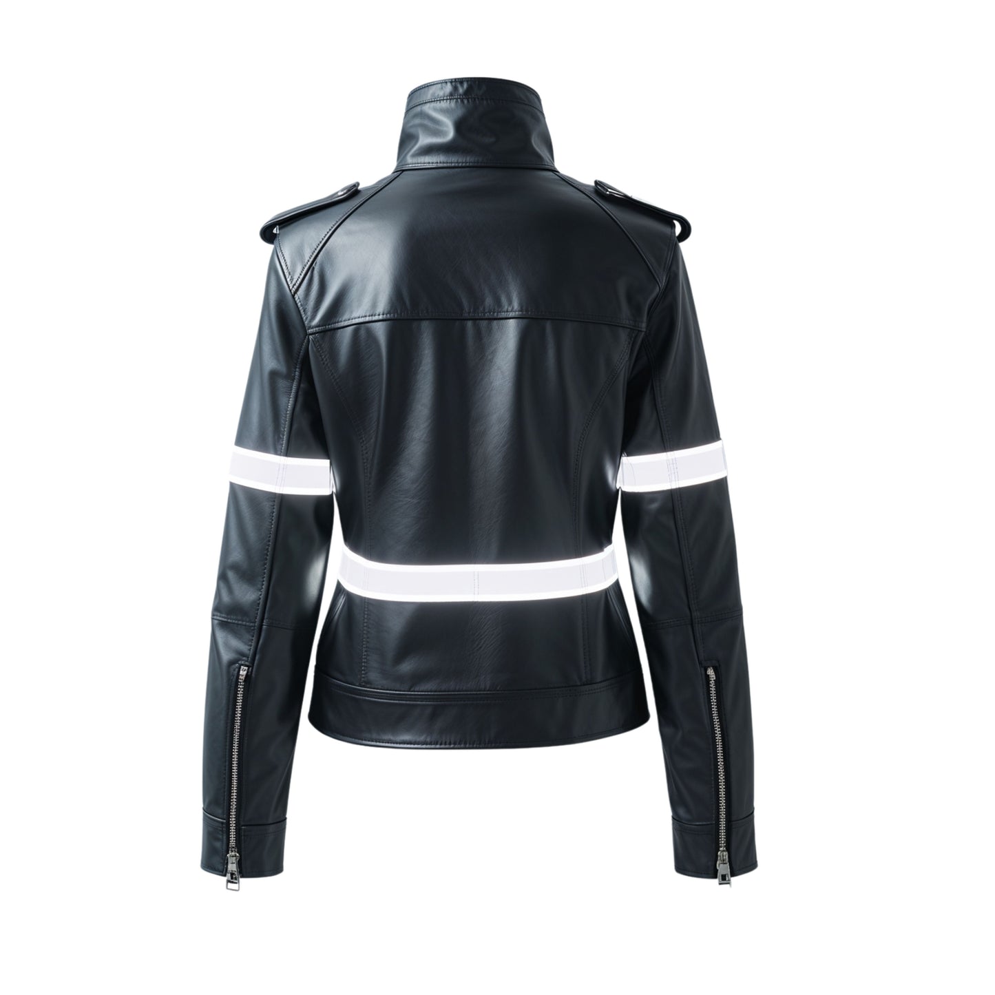 Black Leather Racer Jacket with White Stripe Detail – Moto Biker Style Coat