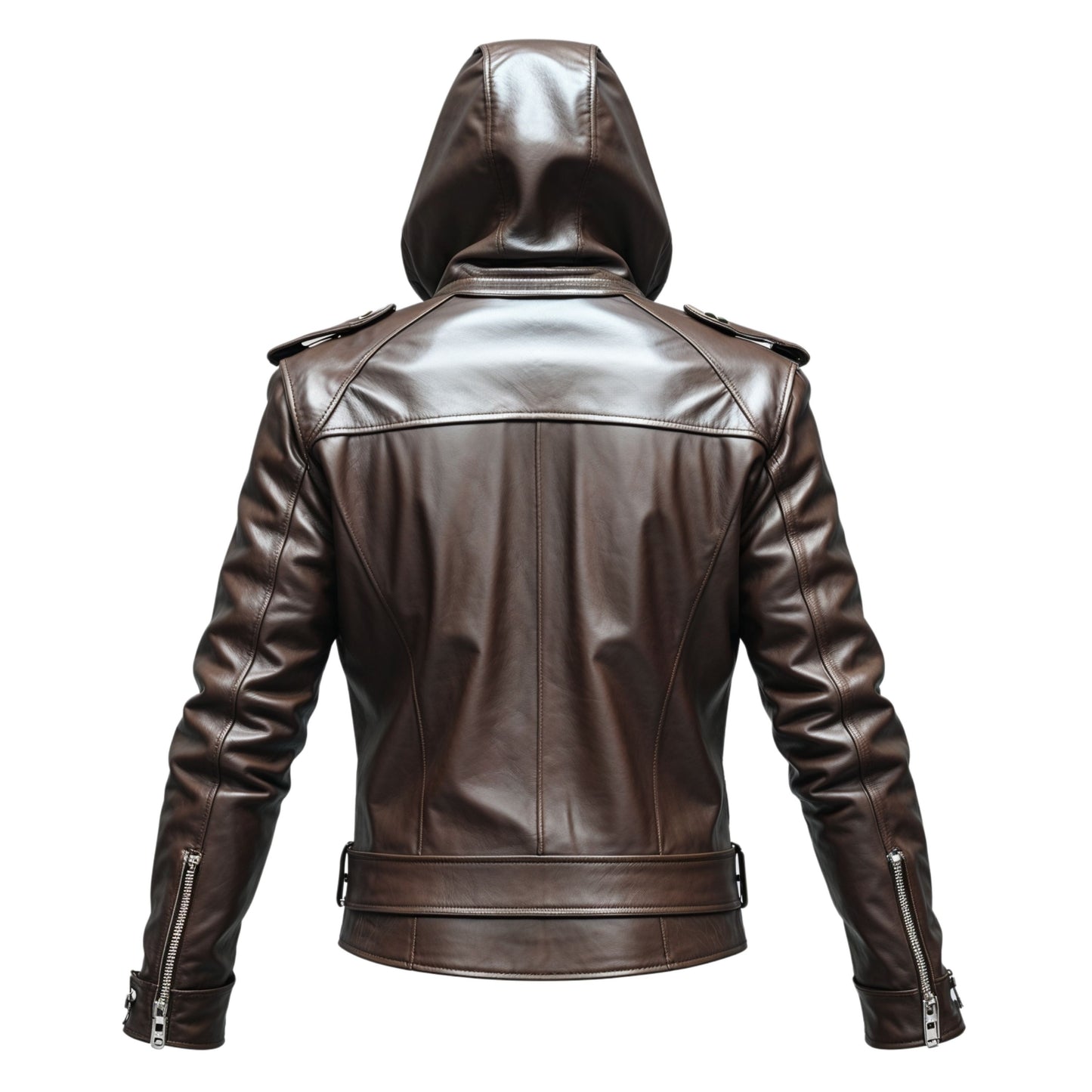 Men's Brown Real Leather Biker Jacket with Removable Hood, Belted Waist Motorcycle Rider Style