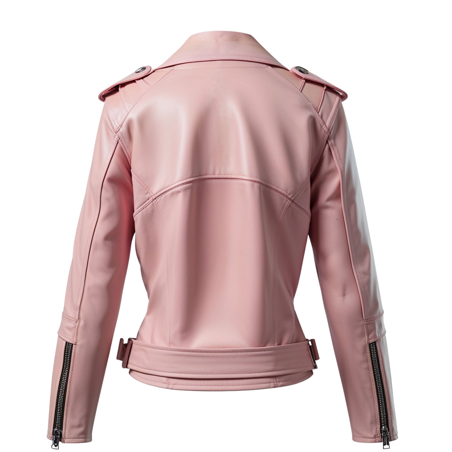 Women's Dusty Pink Leather Cropped Moto Jacket with Belt and Wide Lapel