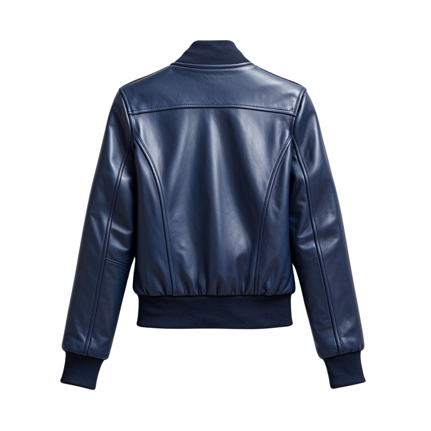 Women's Navy Blue Leather Bomber Jacket – Ribbed Collar, Zip Front, Slim Fit