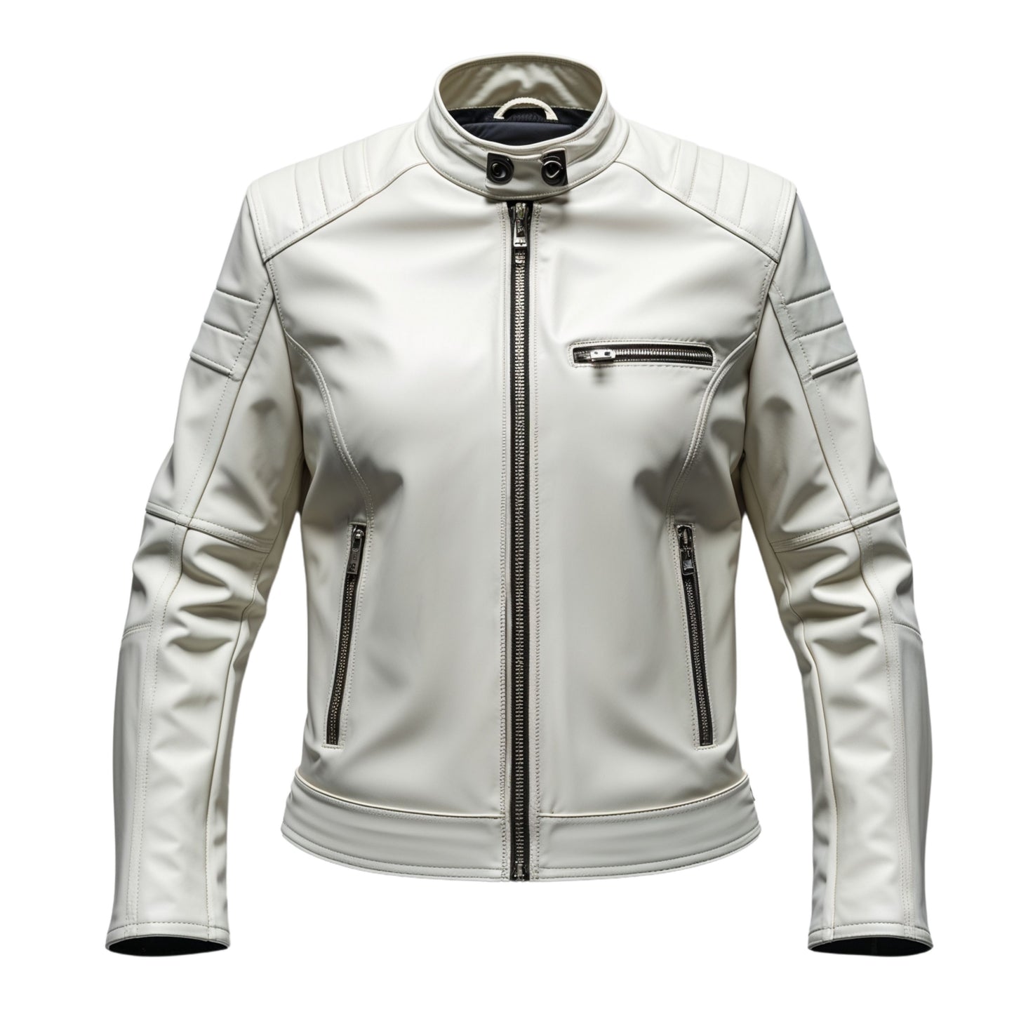 White Genuine Leather Biker Jacket: Quilted Shoulders, Zipper Pockets, Stand Collar