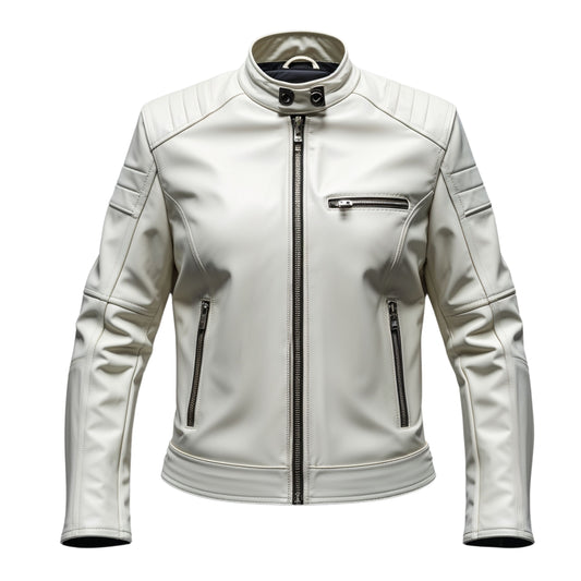 White Genuine Leather Biker Jacket: Quilted Shoulders, Zipper Pockets, Stand Collar