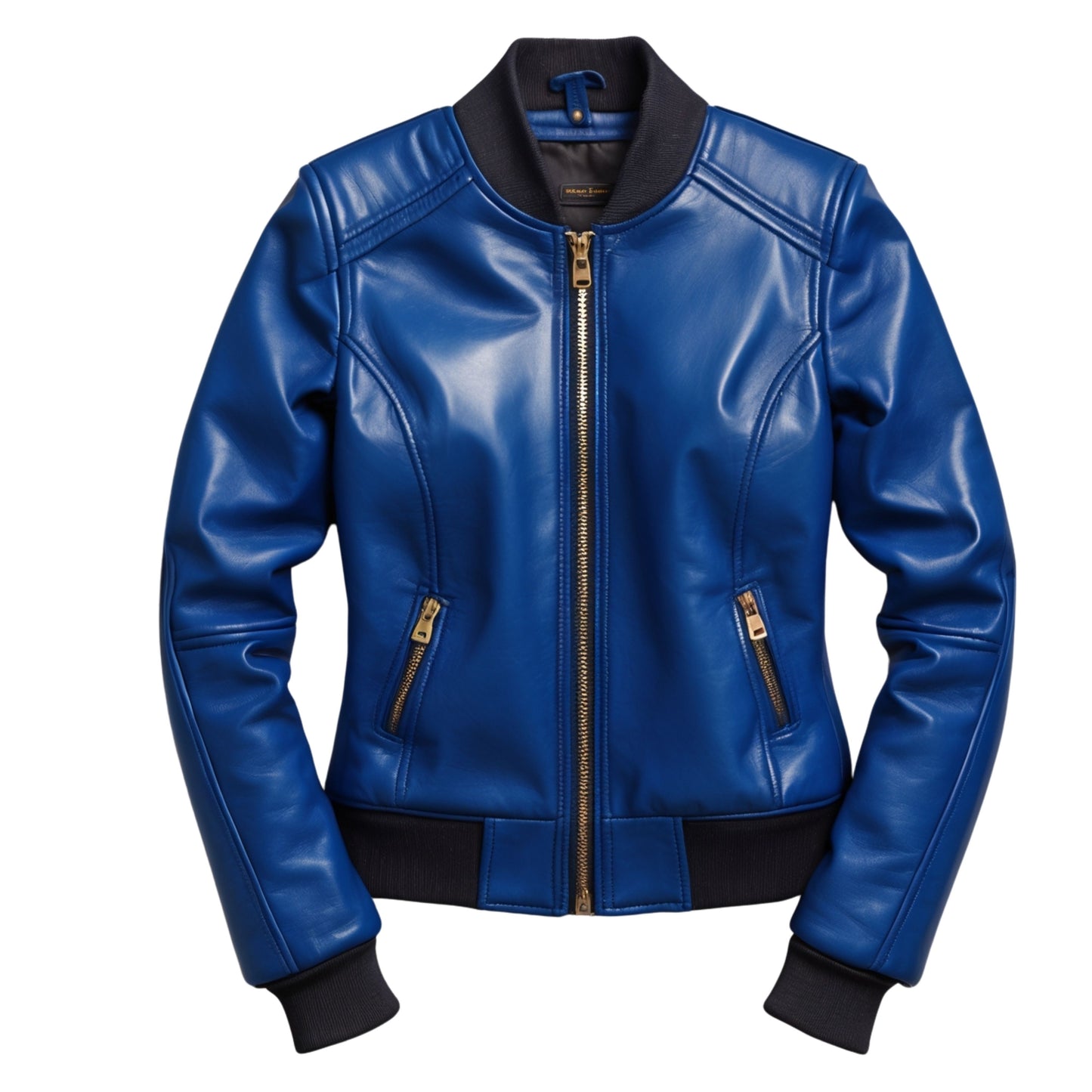 Royal Blue Leather Bomber Jacket: Varsity Style Ribbed Collar, Cuffs, Hem