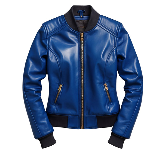 Royal Blue Leather Bomber Jacket: Varsity Style Ribbed Collar, Cuffs, Hem